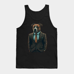 Suave and Successful: The Brown and White Pitbull in a Tailored Dark Suit - A Unique Marketing Design for the Modern Business Dog Tank Top